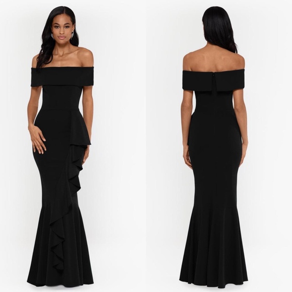 NEW Betsy & Adam BLACK Carina OFF THE SHOULDER Crepe RUFFLE Mermaid GOWN - Picture 3 of 13